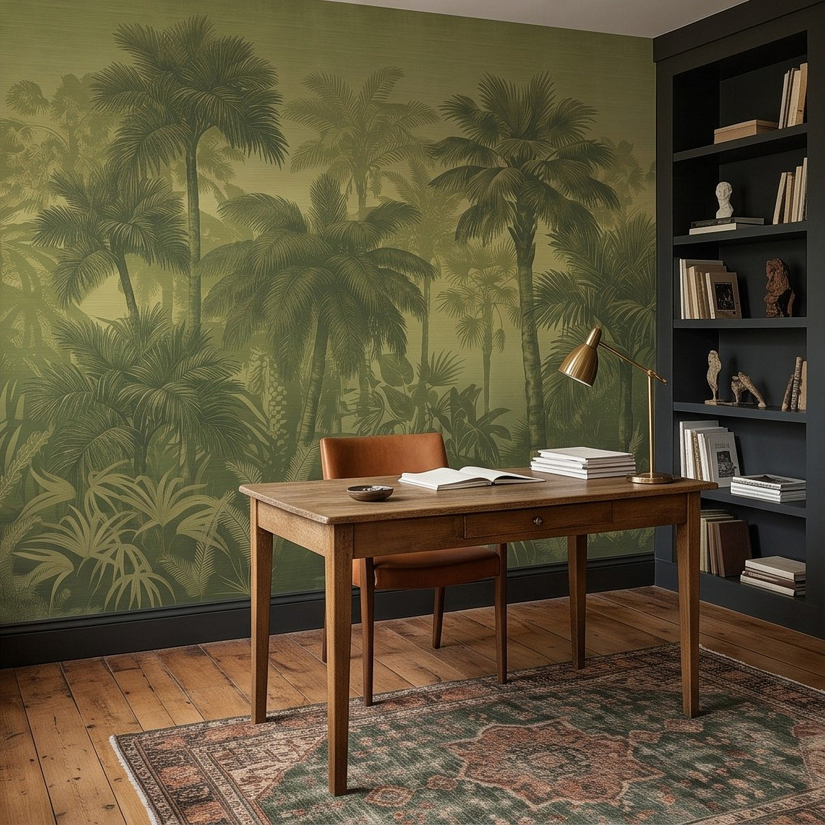 Olive green tropical palm jungle wall mural with engraved-style botanical foliage