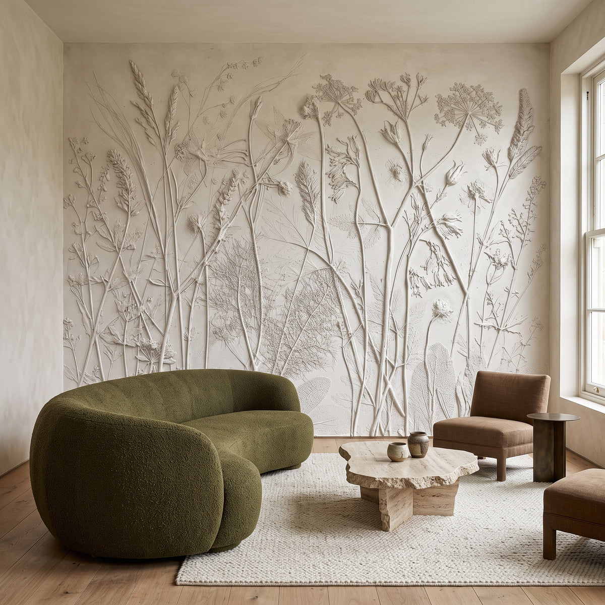 Neutral Botanical Textured Plaster Wildflower Embossed Beige Nature Wall Decor Wall Mural