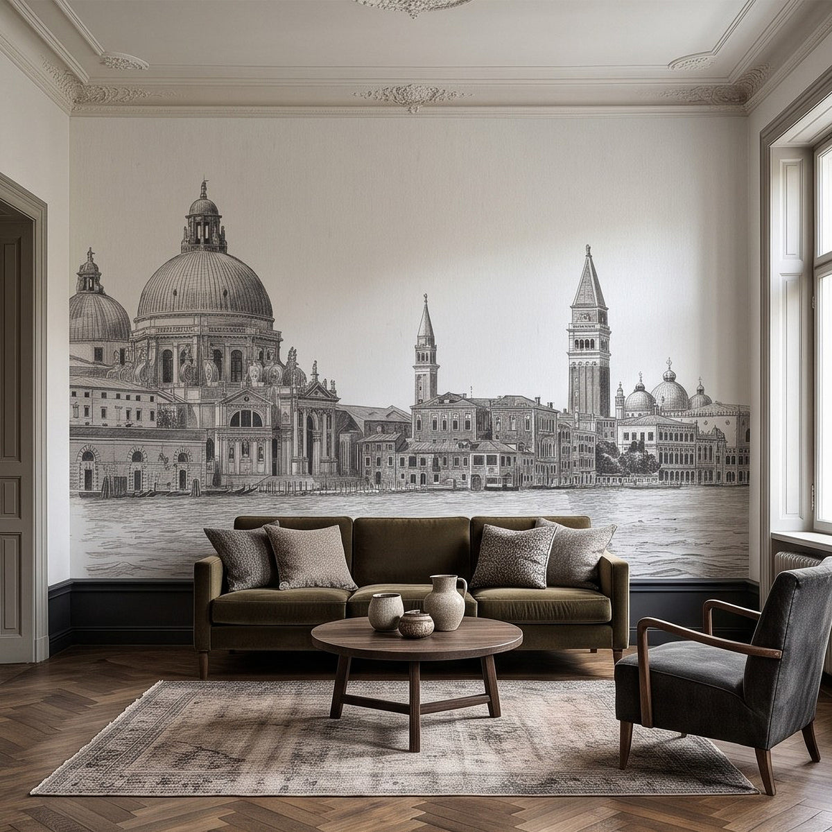Venice Grand Canal Santa Maria della Salute Basilica Venetian Architecture Vintage Pencil Sketch Wall Mural