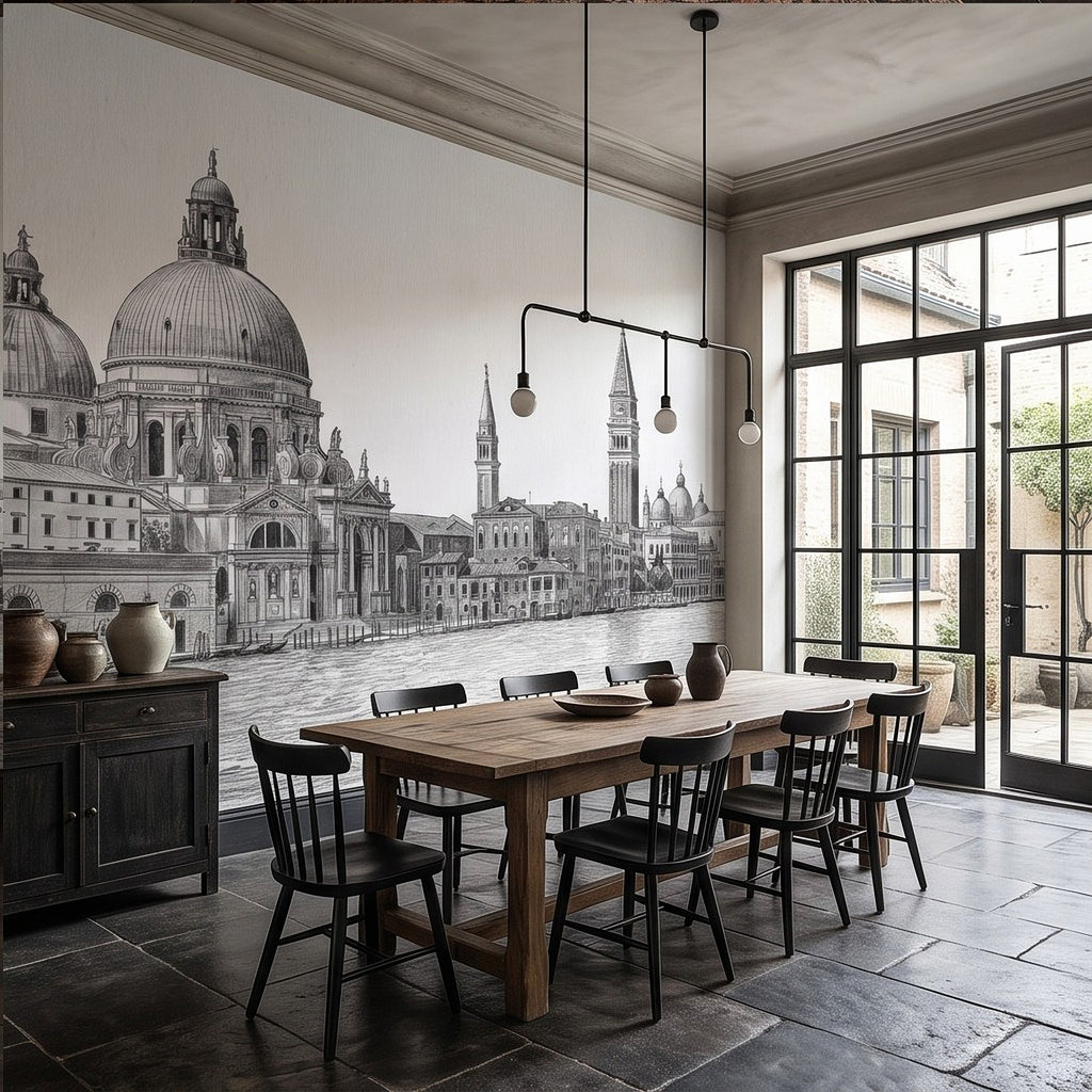 Venice Grand Canal Santa Maria della Salute Basilica Venetian Architecture Vintage Pencil Sketch Wall Mural