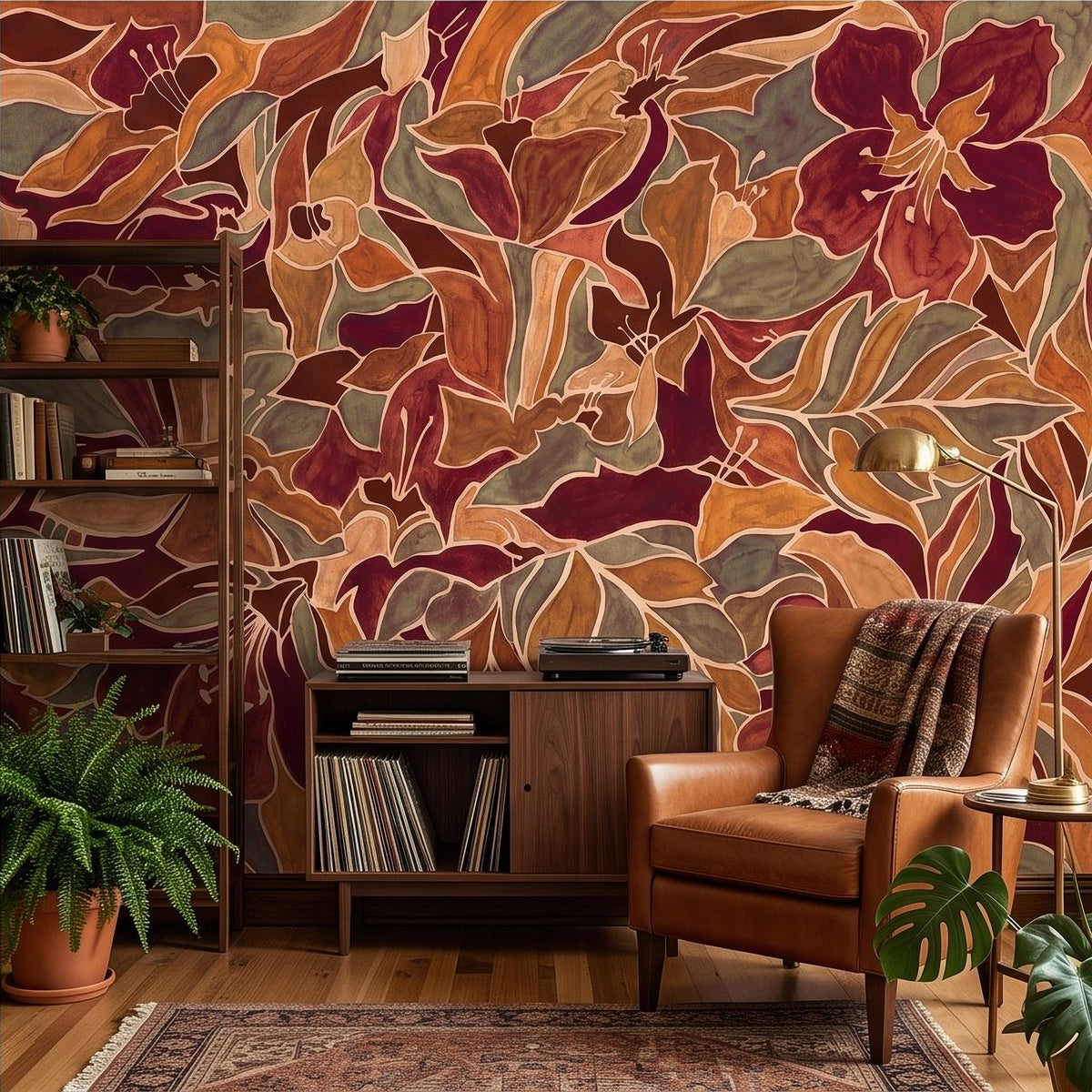 Burgundy Floral Abstract Autumn Flowers Olive Green Leaves Burnt Orange Terracotta Retro Botanical Wall Mural