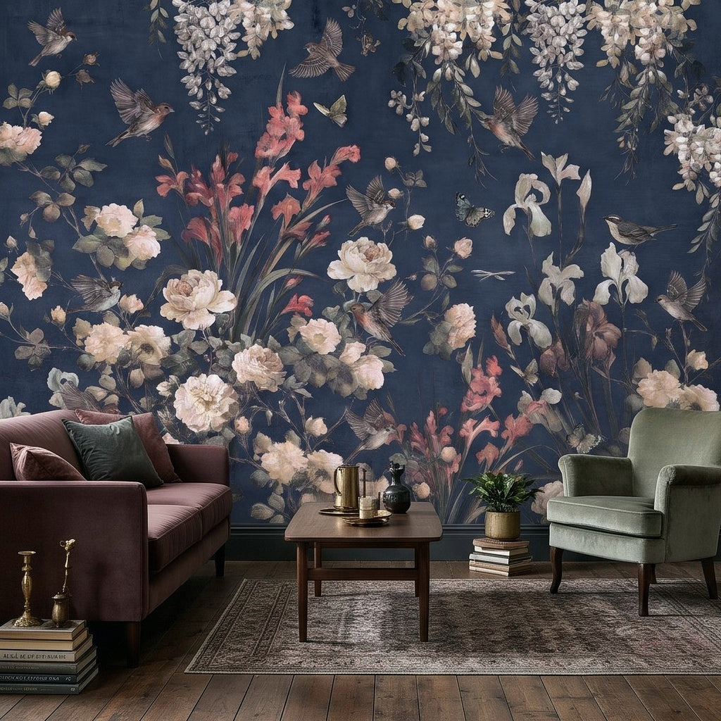 Navy Blue Floral Birds Vintage Chinoiserie White Roses Pink Flowers Flying Birds Butterflies Botanical Wall Mural