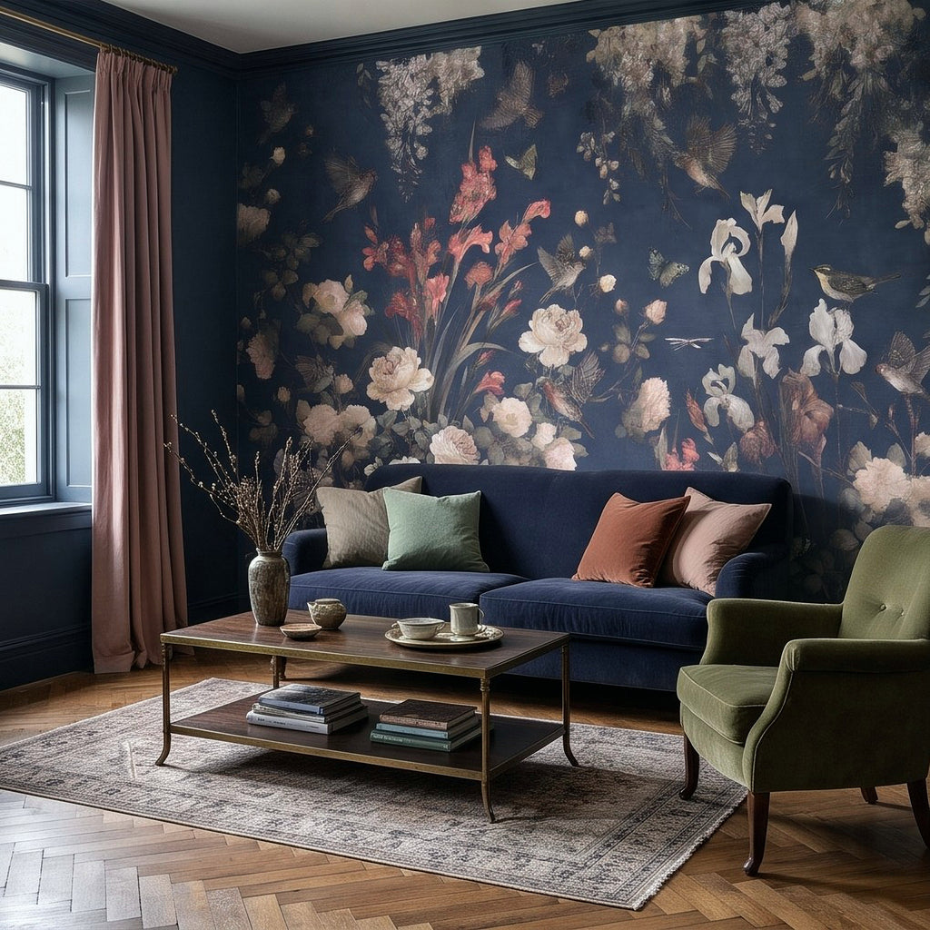 Navy Blue Floral Birds Vintage Chinoiserie White Roses Pink Flowers Flying Birds Butterflies Botanical Wall Mural