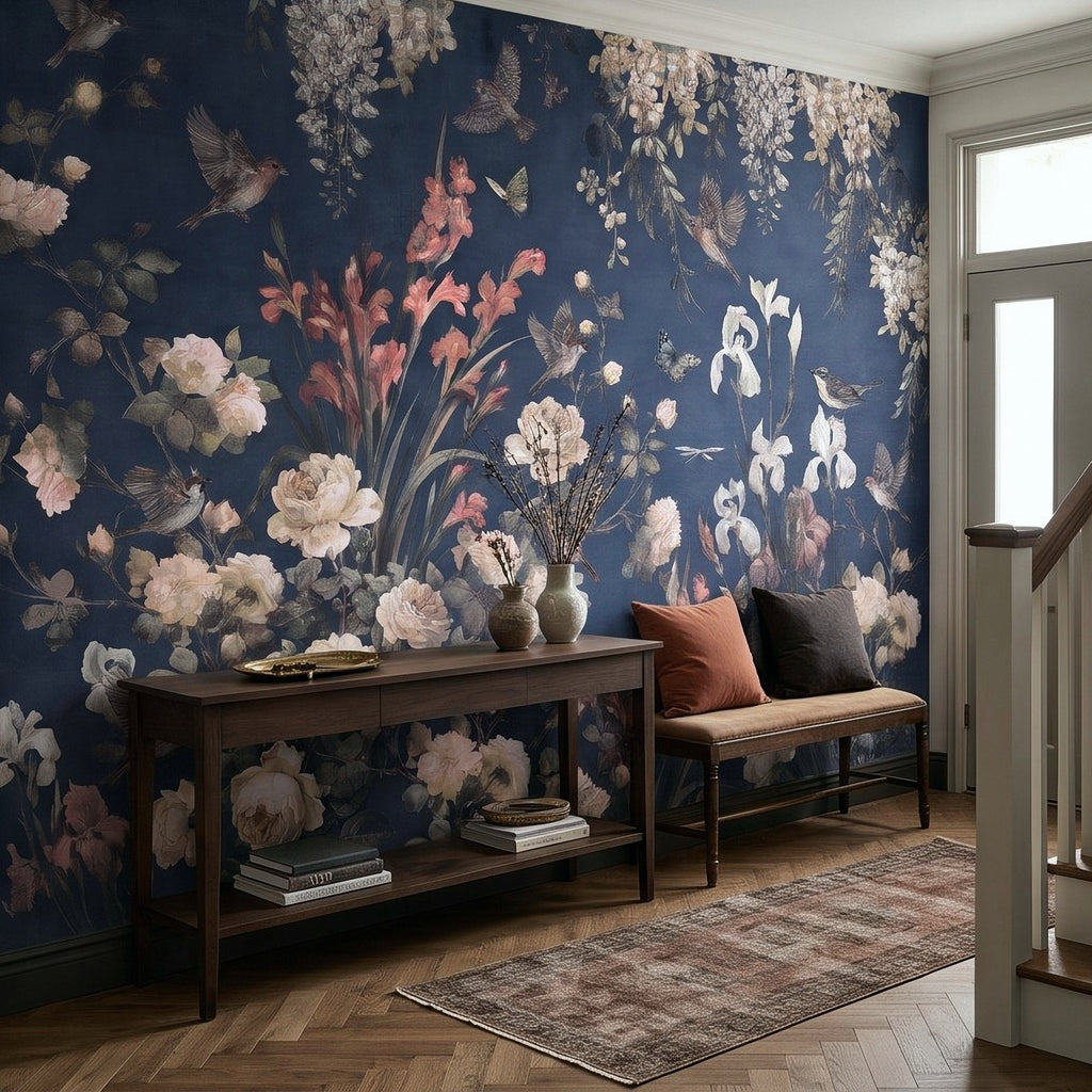 Navy Blue Floral Birds Vintage Chinoiserie White Roses Pink Flowers Flying Birds Butterflies Botanical Wall Mural