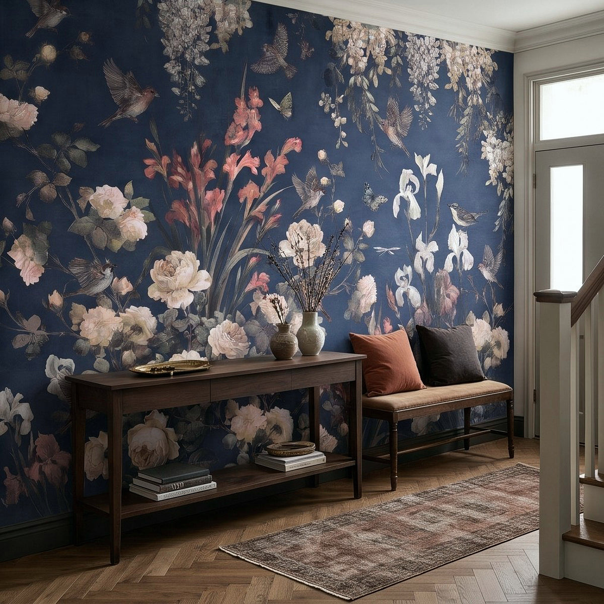 Navy Blue Floral Birds Vintage Chinoiserie White Roses Pink Flowers Flying Birds Butterflies Botanical Wall Mural