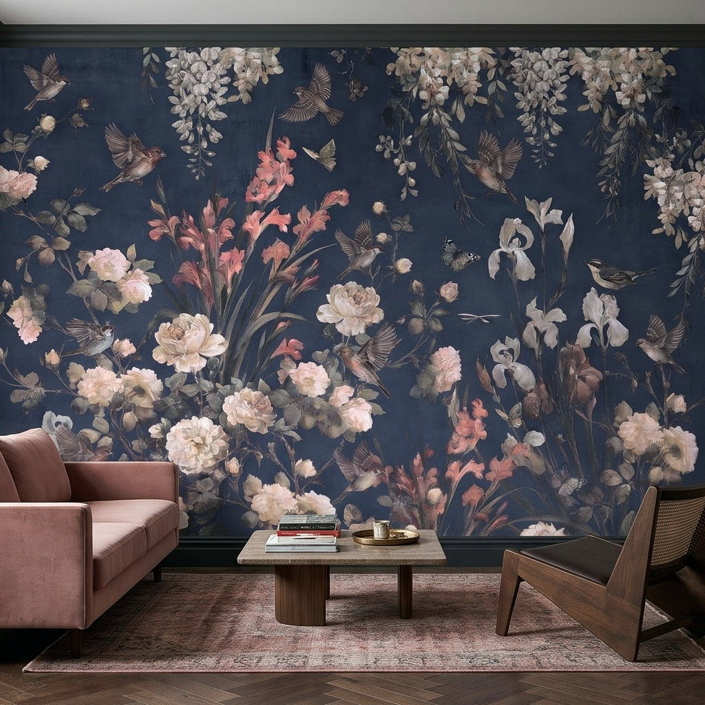 Navy Blue Floral Birds Vintage Chinoiserie White Roses Pink Flowers Flying Birds Butterflies Botanical Wall Mural
