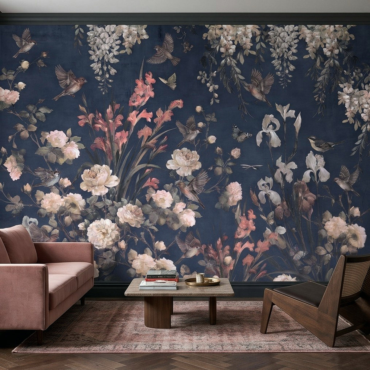 Navy Blue Floral Birds Vintage Chinoiserie White Roses Pink Flowers Flying Birds Butterflies Botanical Wall Mural