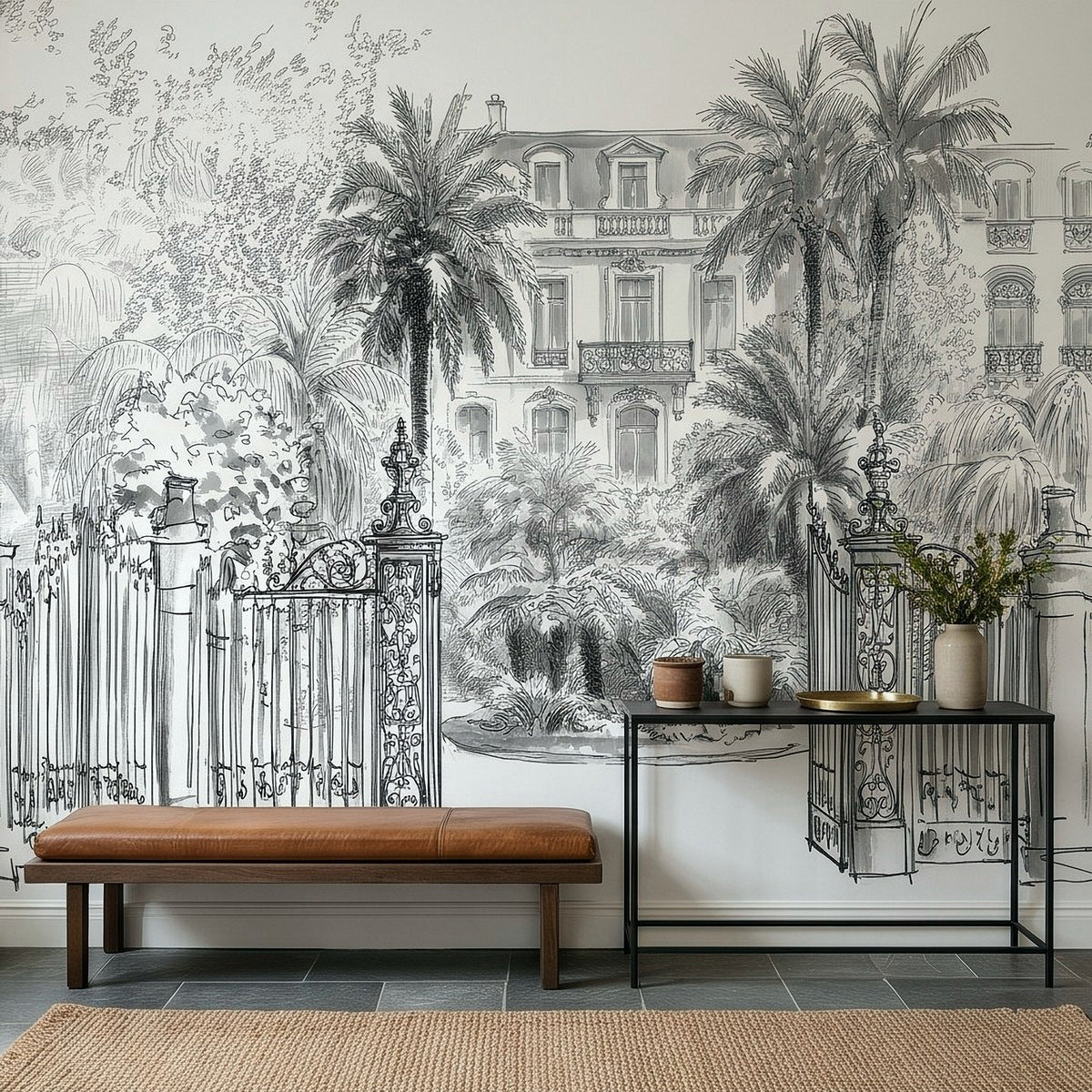 Black-and-white tropical wall mural with ornate gates, palm trees, and decorative villa windows