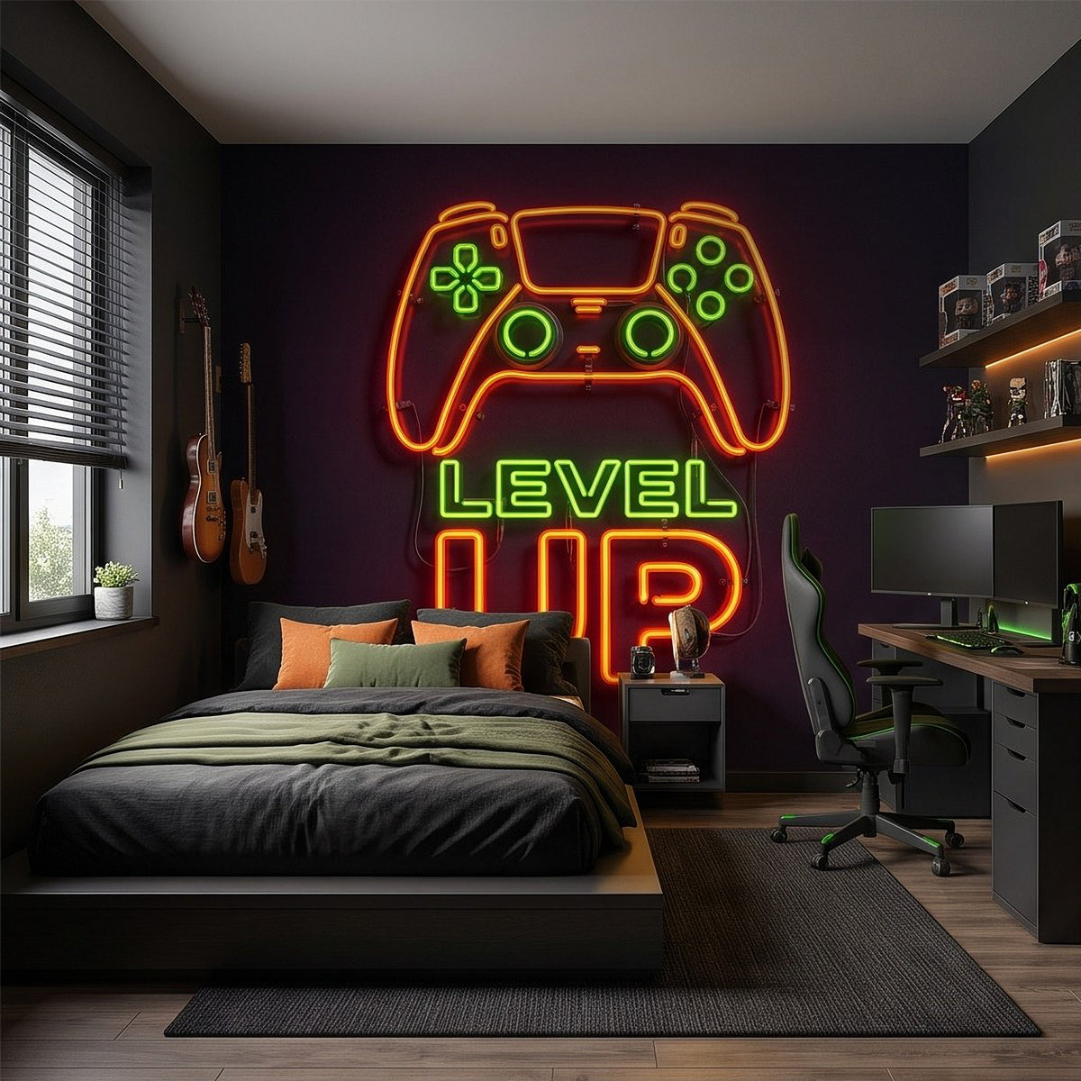 Level Up Gaming Neon Orange Green Glowing Controller Gamer Setup Arcade Sign Dark Background Esports Wall Mural