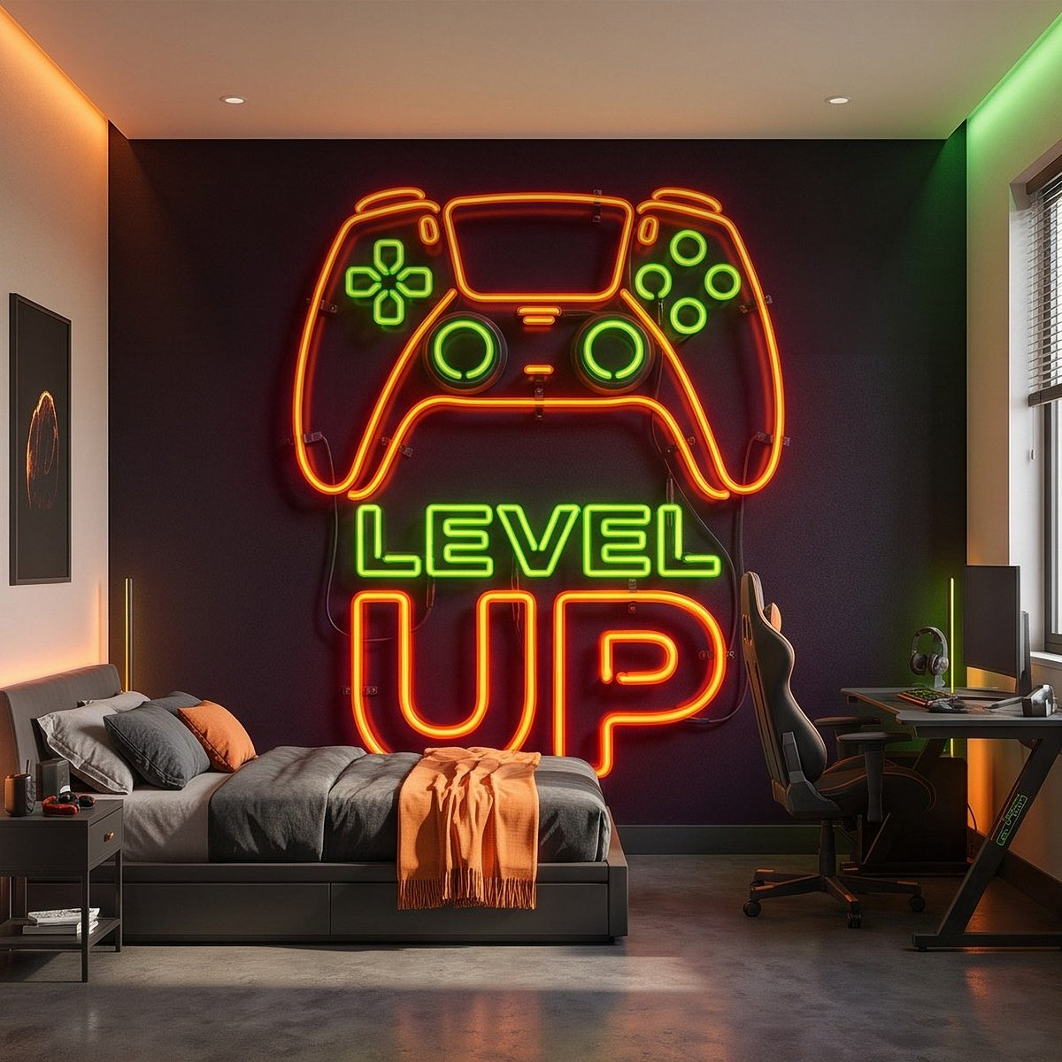 Level Up Gaming Neon Orange Green Glowing Controller Gamer Setup Arcade Sign Dark Background Esports Wall Mural