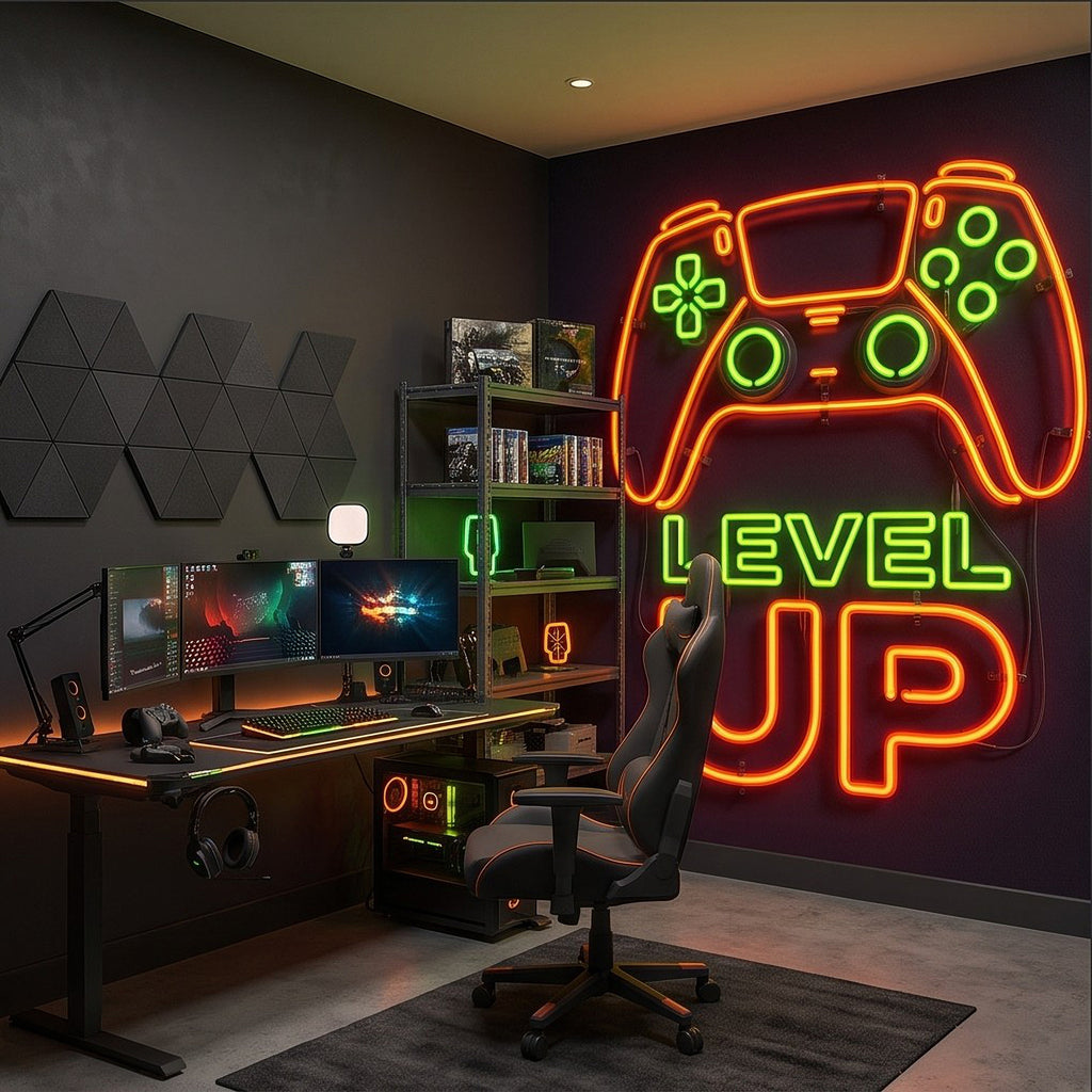 Level Up Gaming Neon Orange Green Glowing Controller Gamer Setup Arcade Sign Dark Background Esports Wall Mural