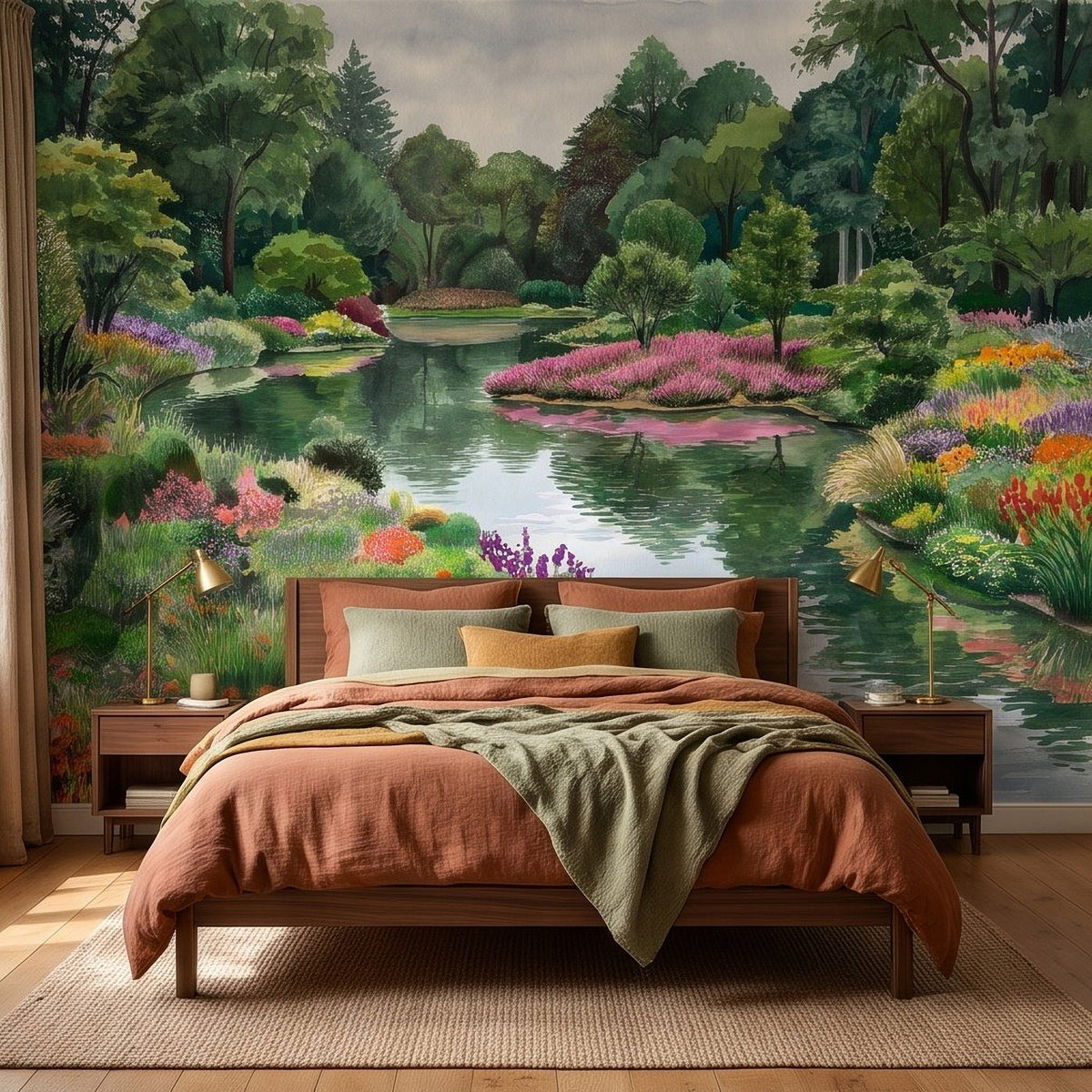 Colorful Flower Garden Pond Lush Green Trees Pink Purple Wildflowers Tranquil Lake Watercolor Landscape Wall Mural