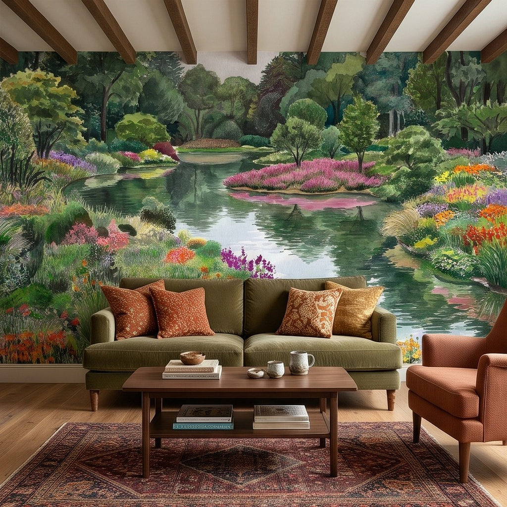 Colorful Flower Garden Pond Lush Green Trees Pink Purple Wildflowers Tranquil Lake Watercolor Landscape Wall Mural
