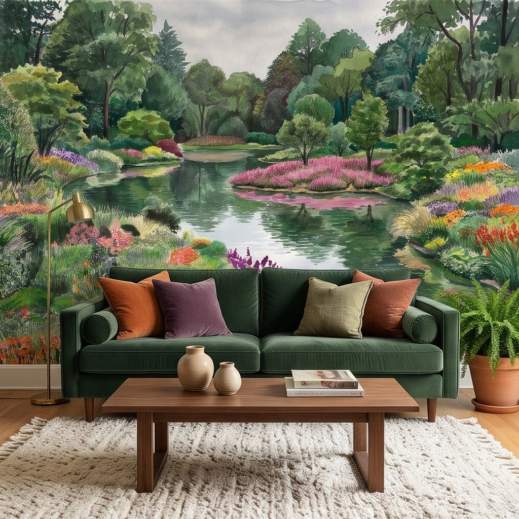 Colorful Flower Garden Pond Lush Green Trees Pink Purple Wildflowers Tranquil Lake Watercolor Landscape Wall Mural