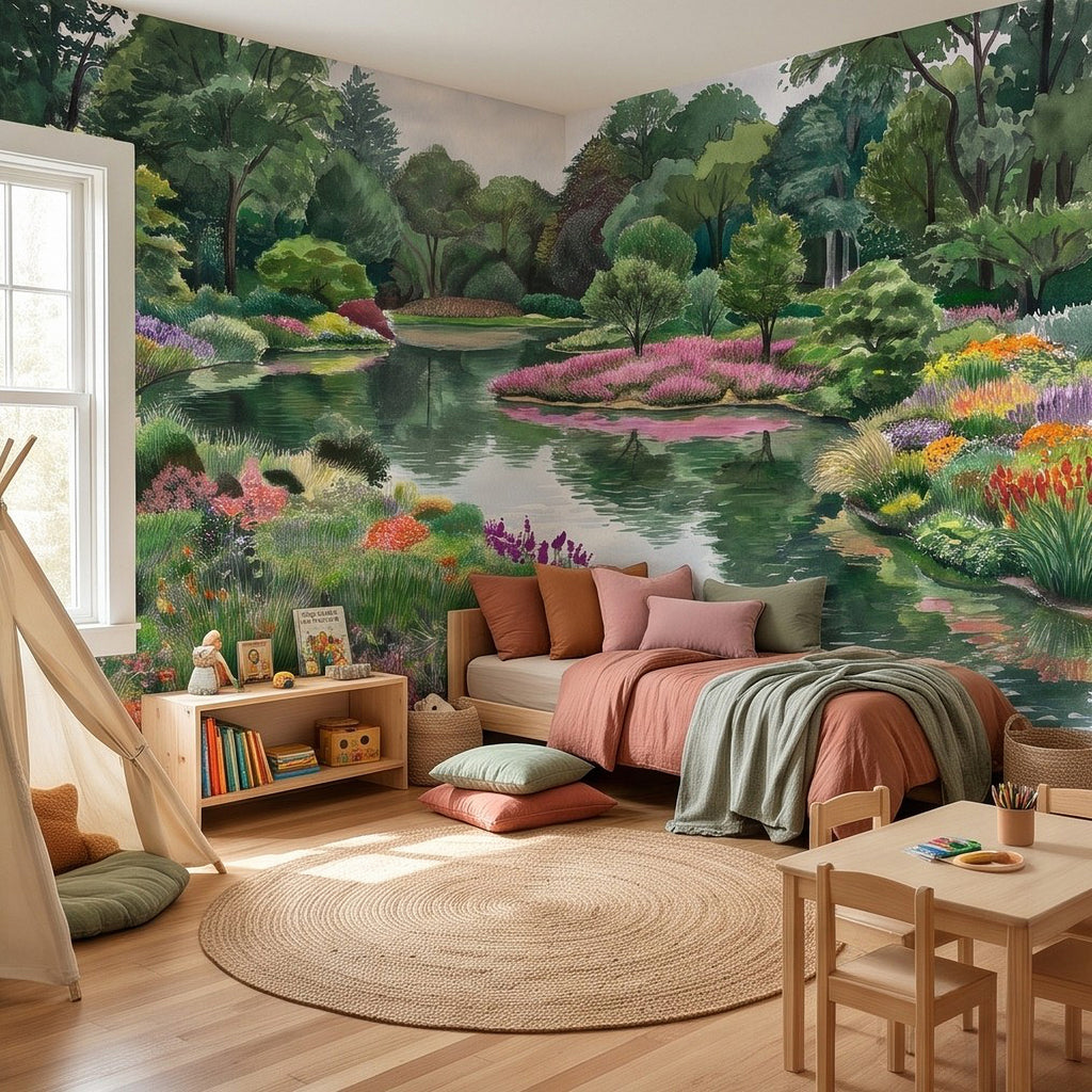 Colorful Flower Garden Pond Lush Green Trees Pink Purple Wildflowers Tranquil Lake Watercolor Landscape Wall Mural