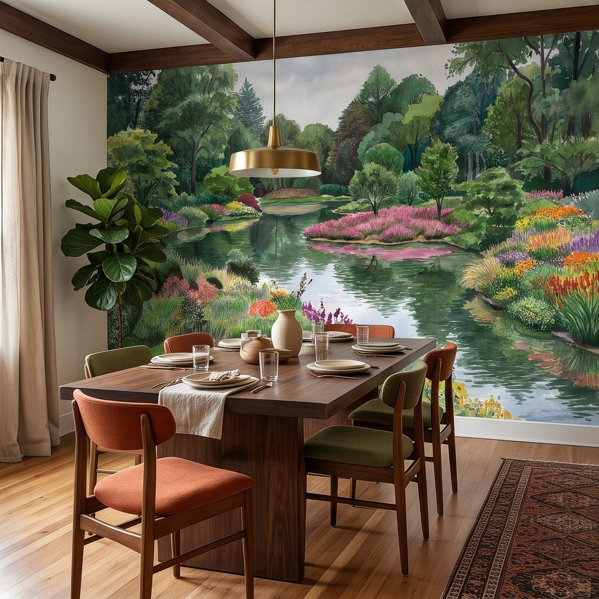 Colorful Flower Garden Pond Lush Green Trees Pink Purple Wildflowers Tranquil Lake Watercolor Landscape Wall Mural