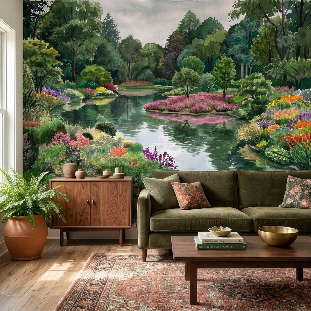 Colorful Flower Garden Pond Lush Green Trees Pink Purple Wildflowers Tranquil Lake Watercolor Landscape Wall Mural