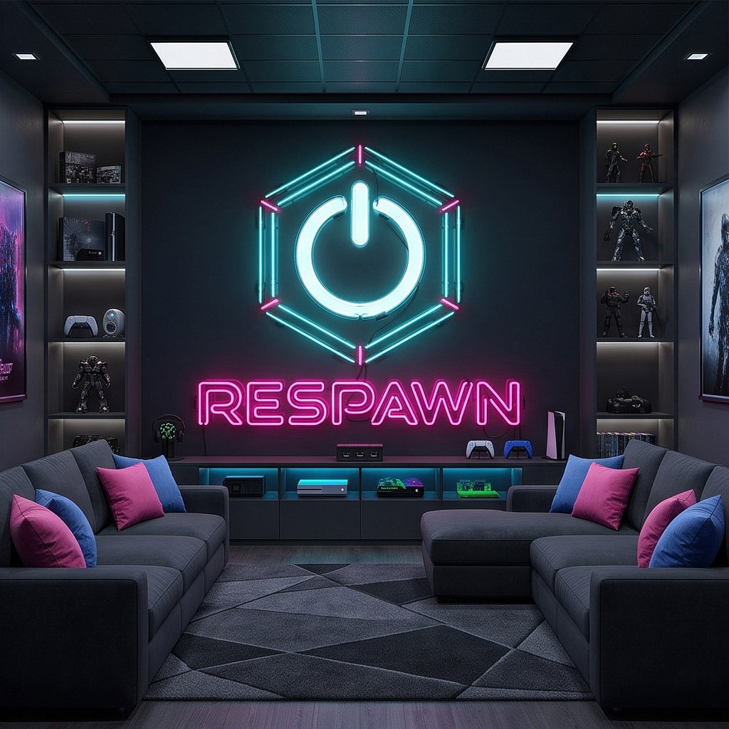 Gaming wall mural with glowing cyan hexagon power icon and pink 'RESPAWN' text
