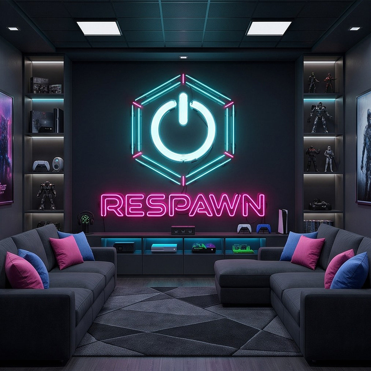 Gaming wall mural with glowing cyan hexagon power icon and pink 'RESPAWN' text
