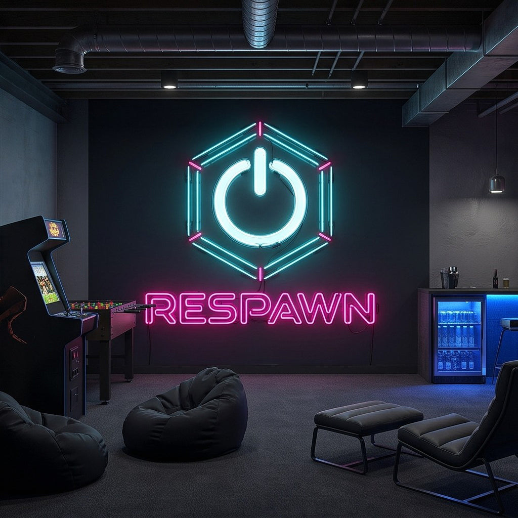 Neon 'RESPAWN' gaming wall mural with cyan power icon hexagon on dark wall