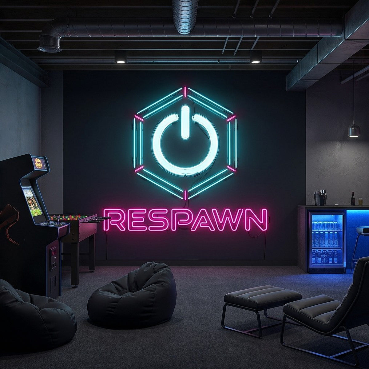 Neon 'RESPAWN' gaming wall mural with cyan power icon hexagon on dark wall