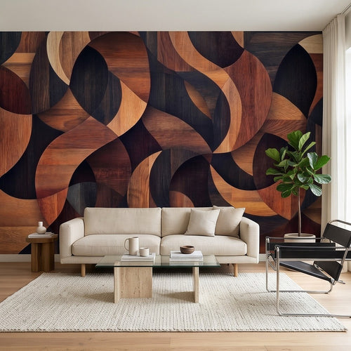 Close-up abstract wood grain wall mural with dark oval rings and lighter wood arcs