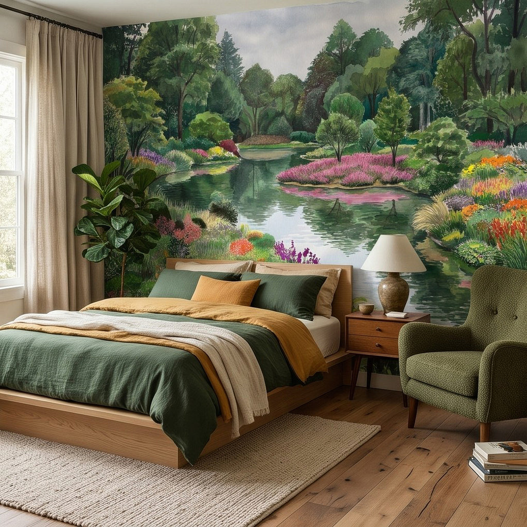 Colorful Flower Garden Pond Lush Green Trees Pink Purple Wildflowers Tranquil Lake Watercolor Landscape Wall Mural