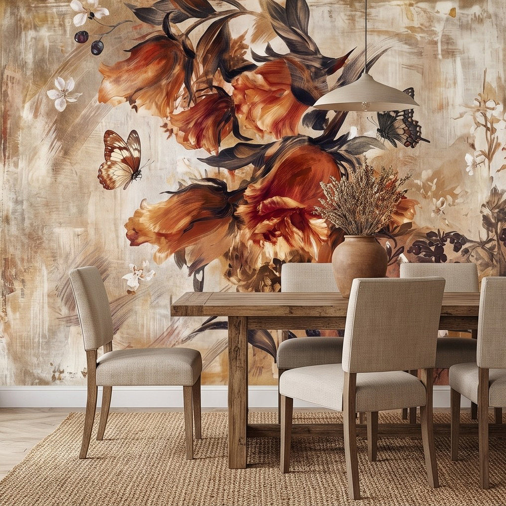 Bird-and-butterfly botanical wall mural with orange flowers and vines on a light textured wall