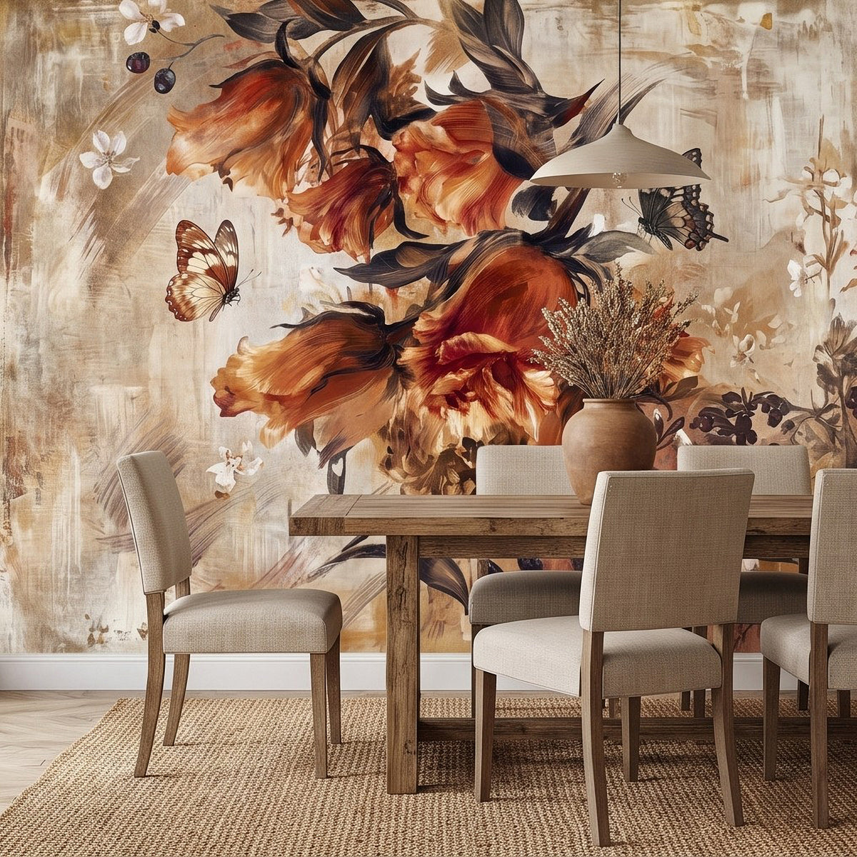 Bird-and-butterfly botanical wall mural with orange flowers and vines on a light textured wall