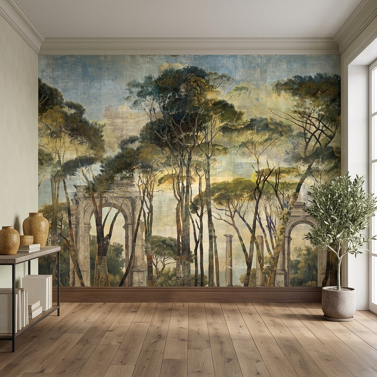 Wall mural covering the full wall with painted trees and distant stone arches
