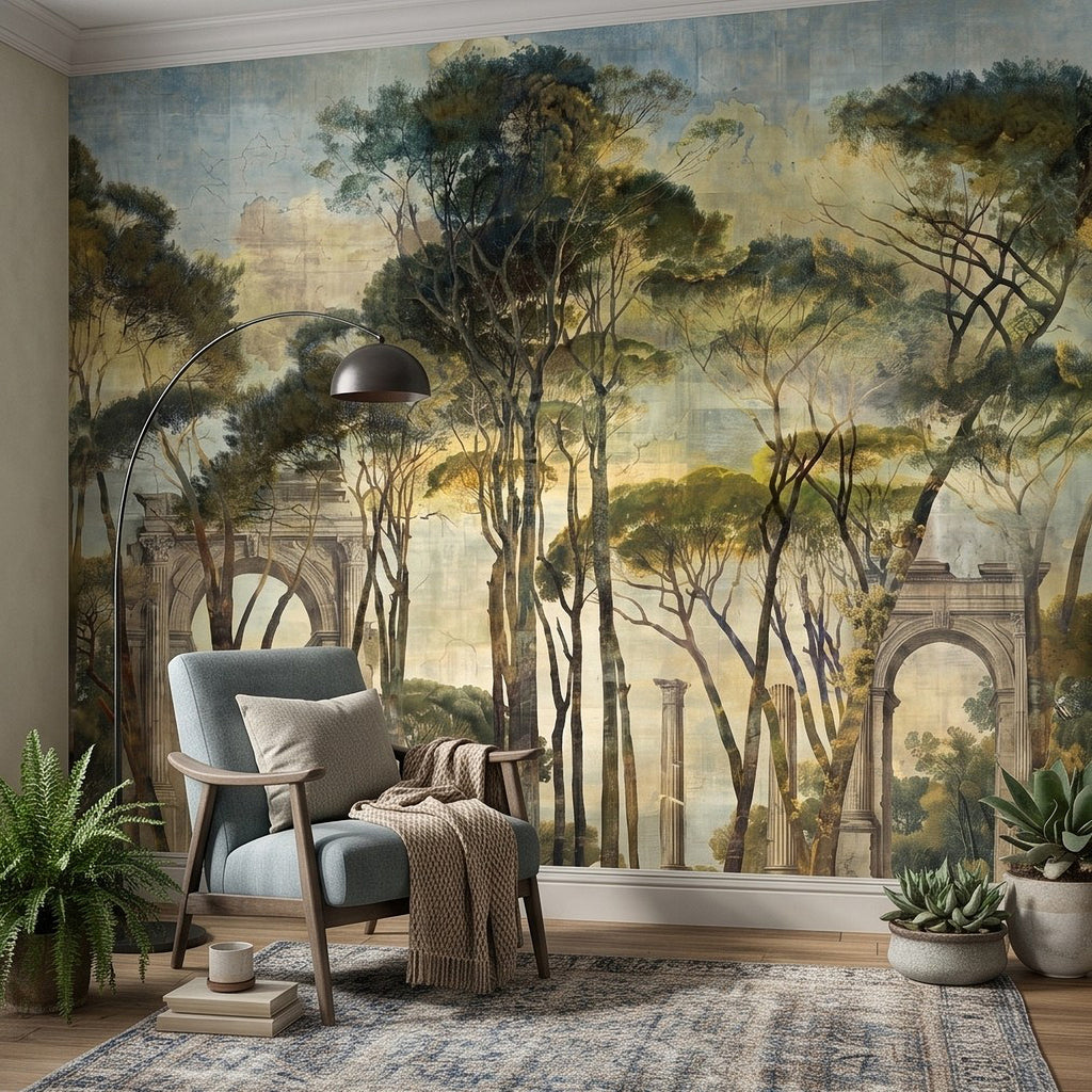 Landscape wall mural with classical archway details and towering tree silhouettes