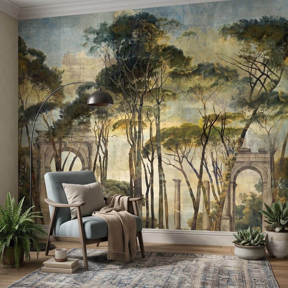 Landscape wall mural with classical archway details and towering tree silhouettes