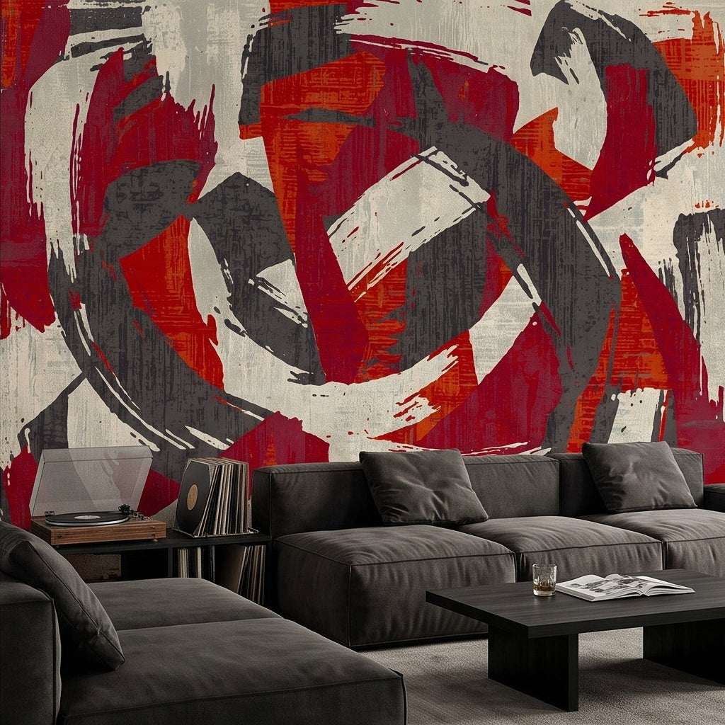 Large abstract wall mural with red, black, and white spiral brush-stroke design