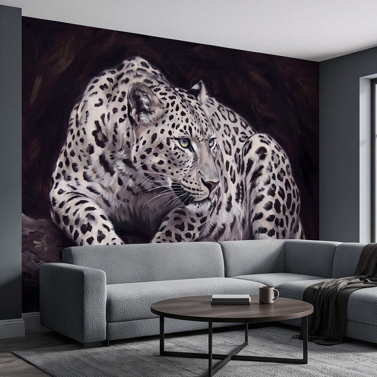 Snow leopard wall mural close-up, white fur with dark rosettes and greenish eyes