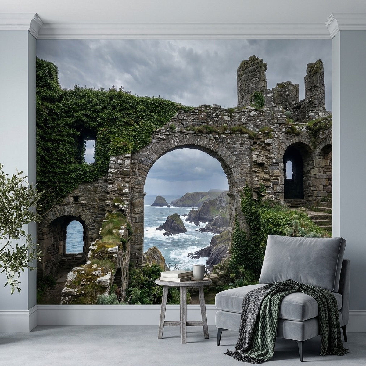 Wall mural of medieval stone arch ruins with ocean horizon and crashing waves