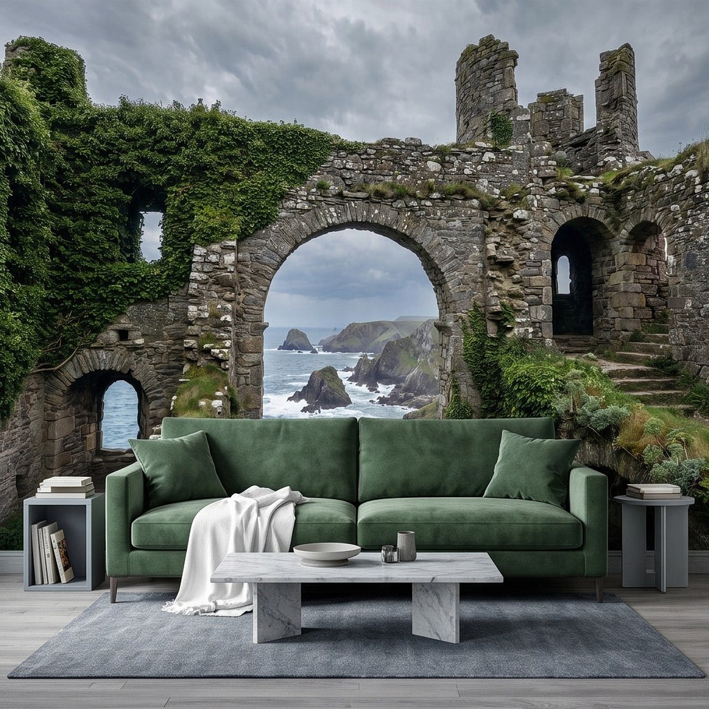 Ruined fortress arch wall mural with ocean cove view and green climbing vines