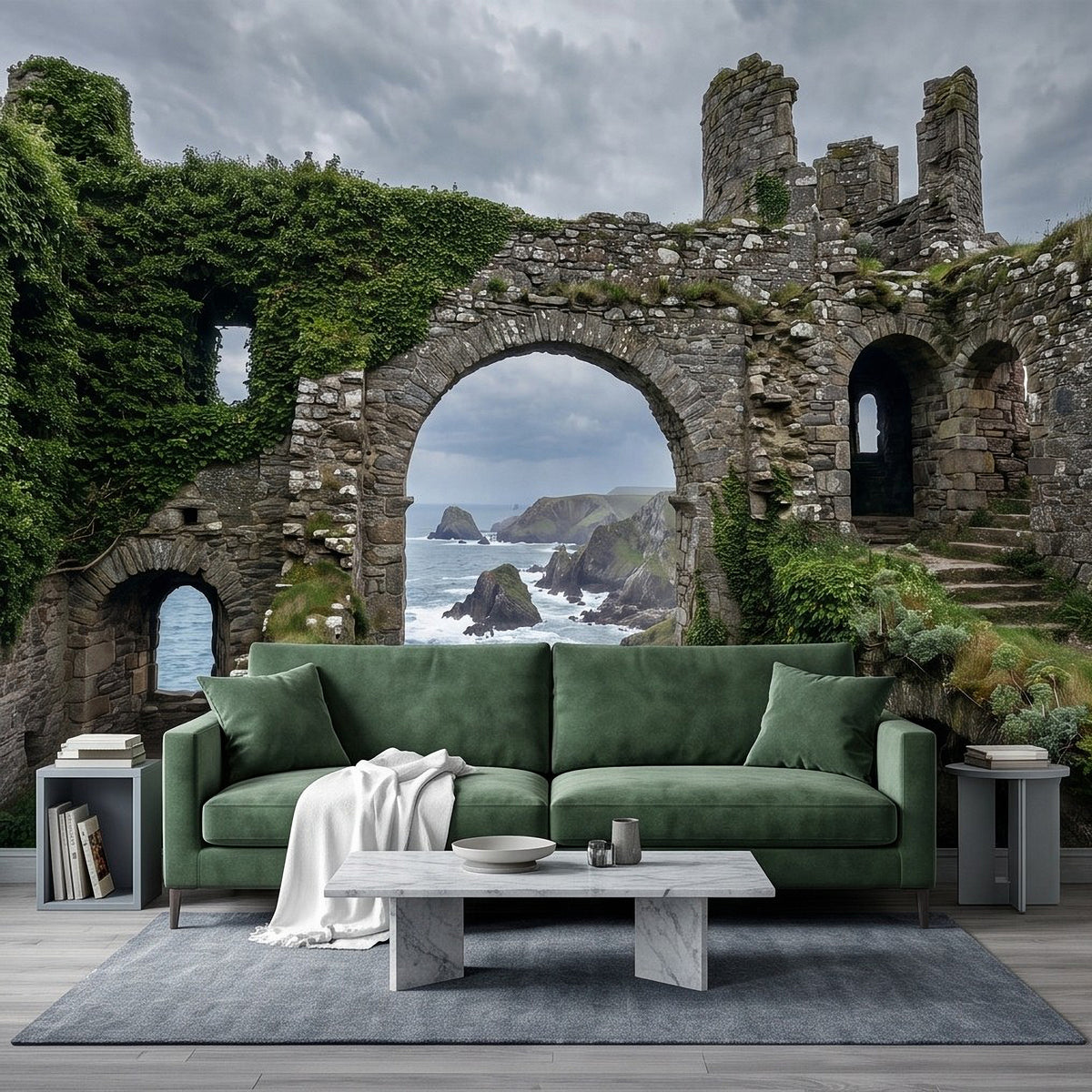 Ruined fortress arch wall mural with ocean cove view and green climbing vines