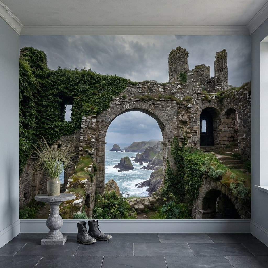 Wall mural close view of stone arch doorway ruins with ocean waves beyond