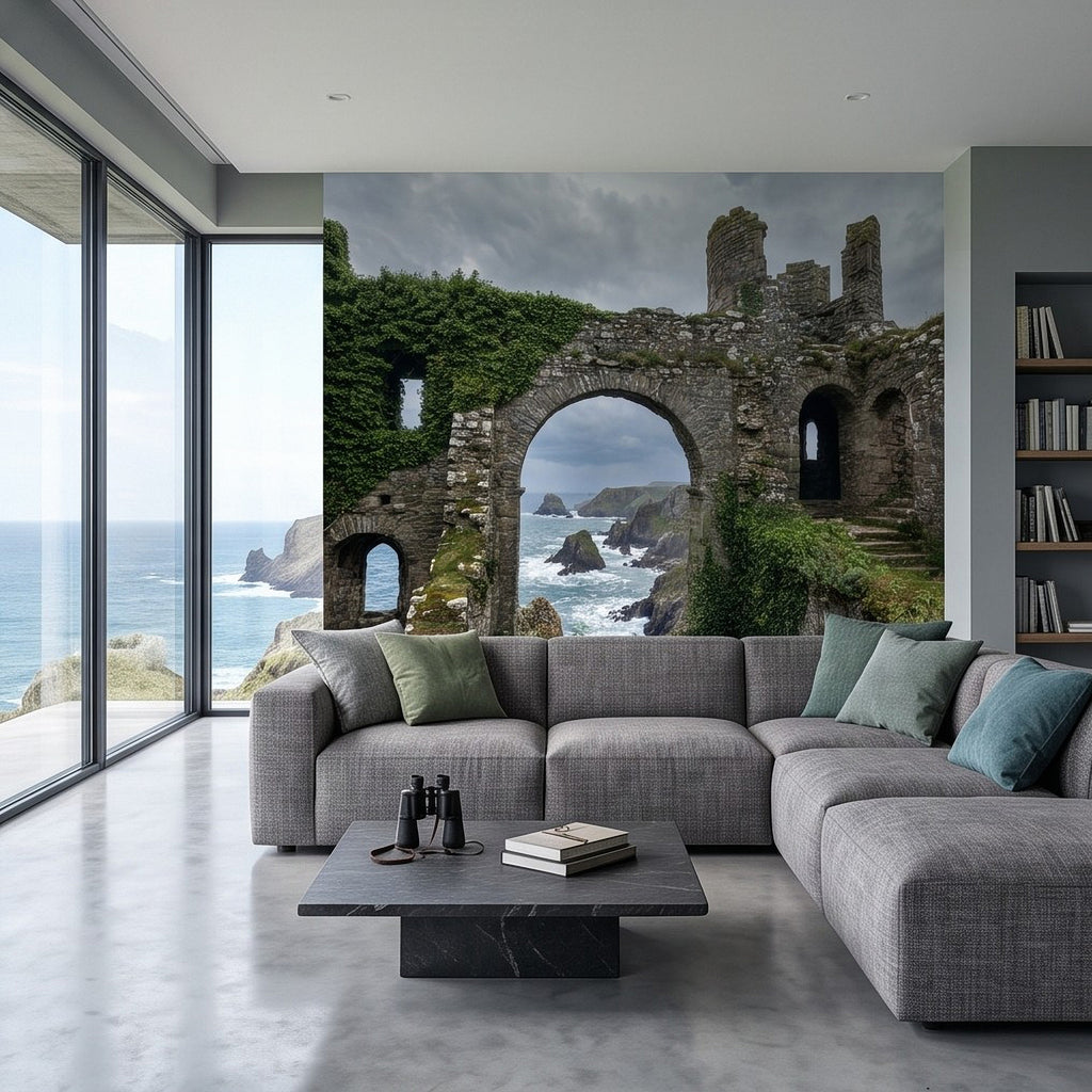 Wall mural featuring tall stone fortress ruins and an arched passage toward the coastline