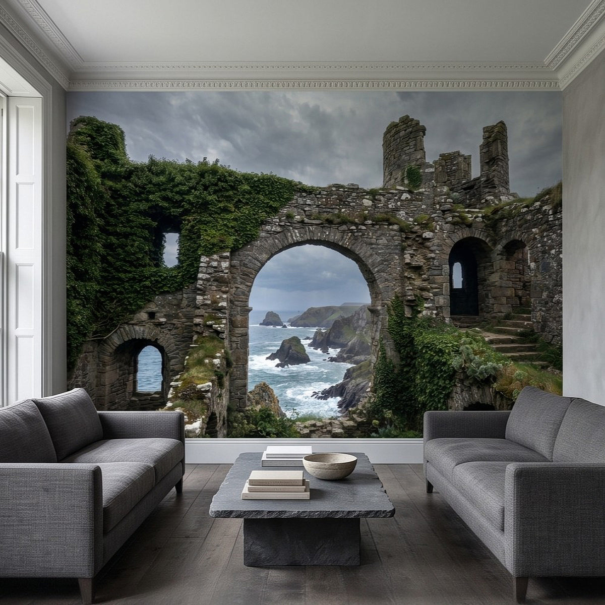 Wall mural of rugged medieval stone arches and fortress ruins overlooking the sea