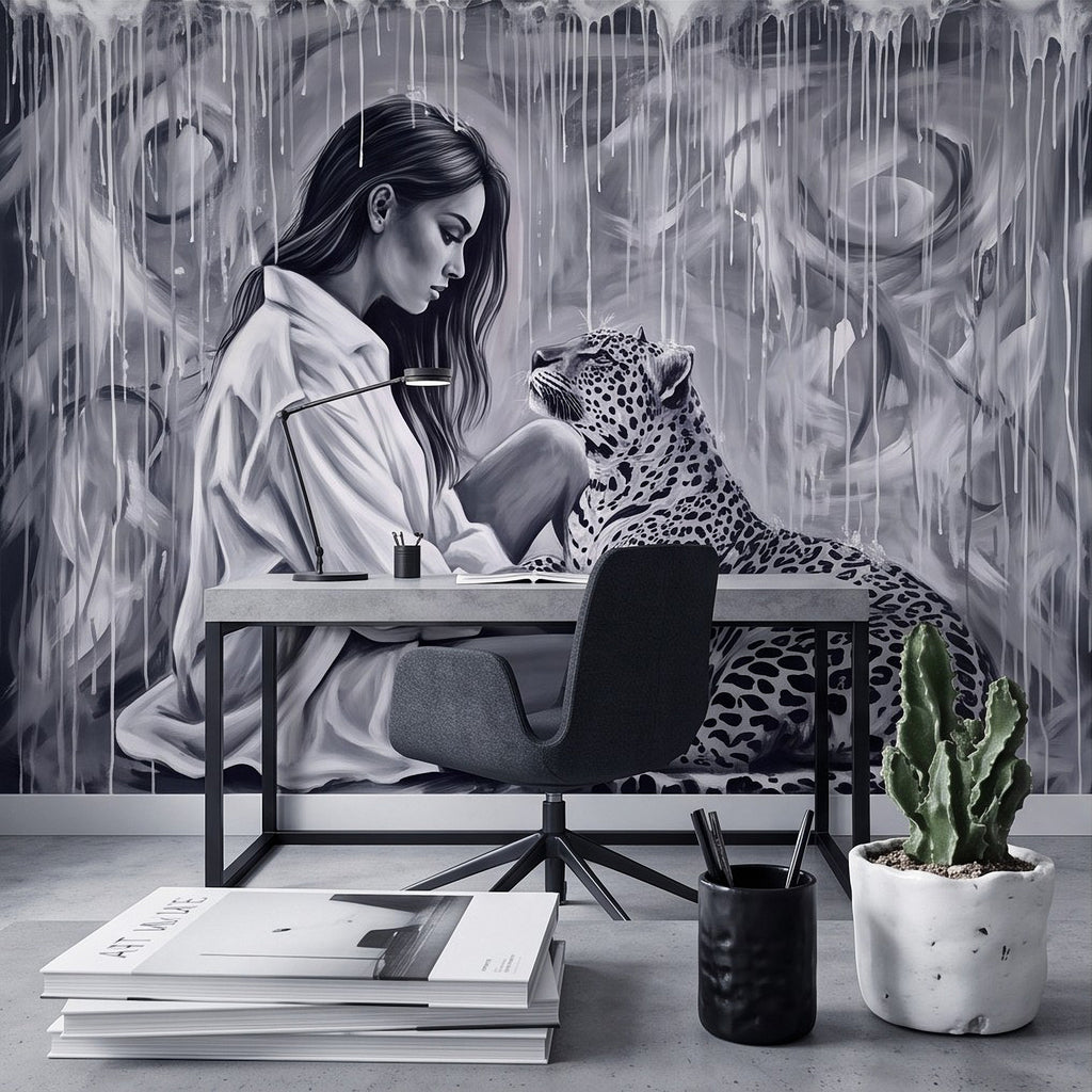 Monochrome wall mural of a woman writing at a desk with a leopard