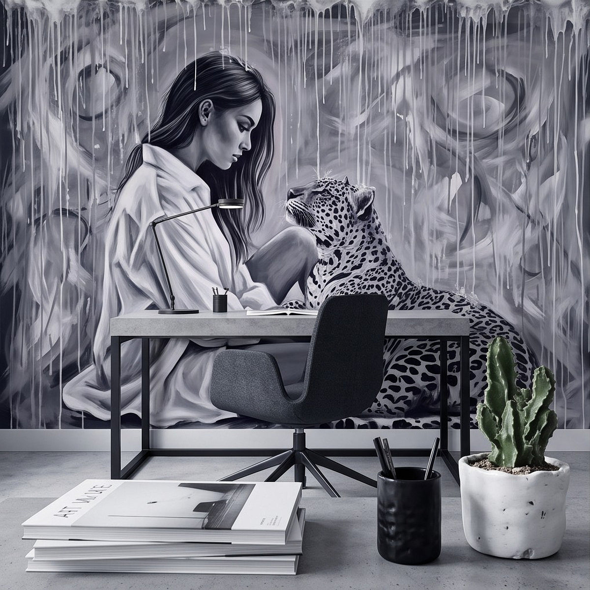 Monochrome wall mural of a woman writing at a desk with a leopard