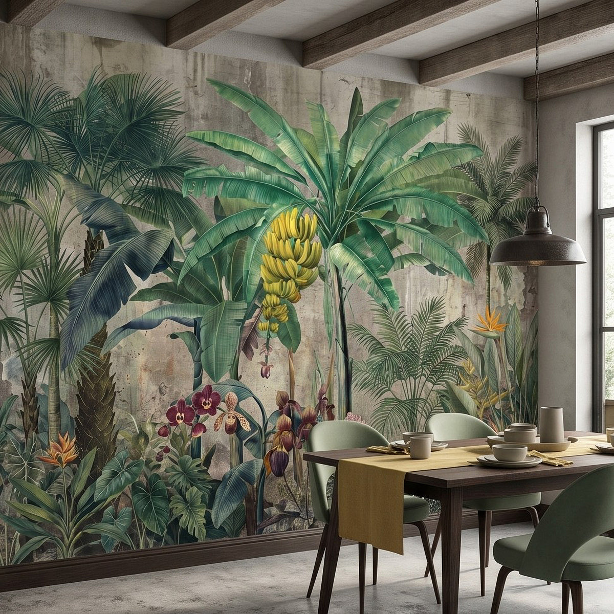 Corner tropical jungle wall mural with banana bunch, orchids, and lush palm foliage