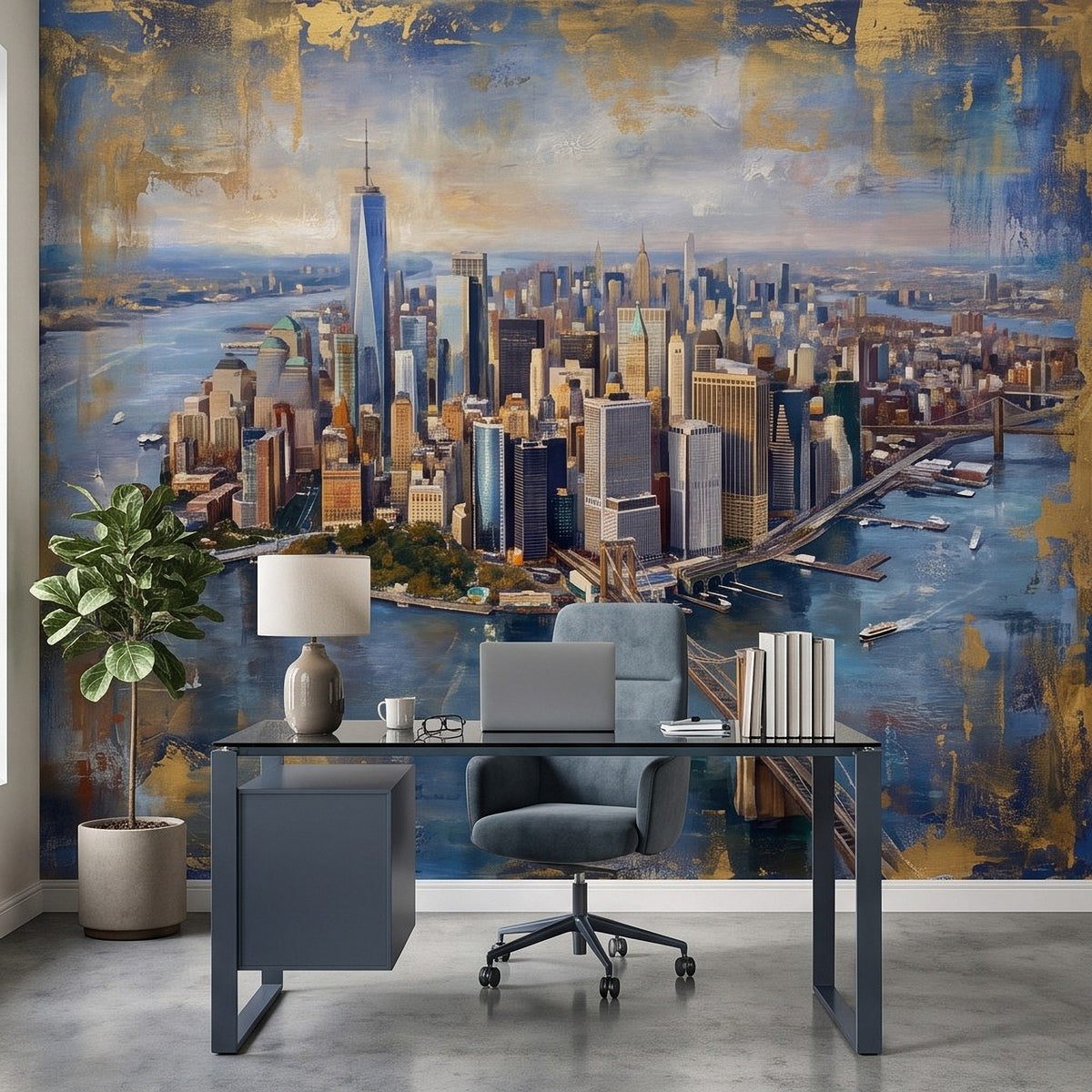 City skyline wall mural over office desk area with painted blue and gold texture
