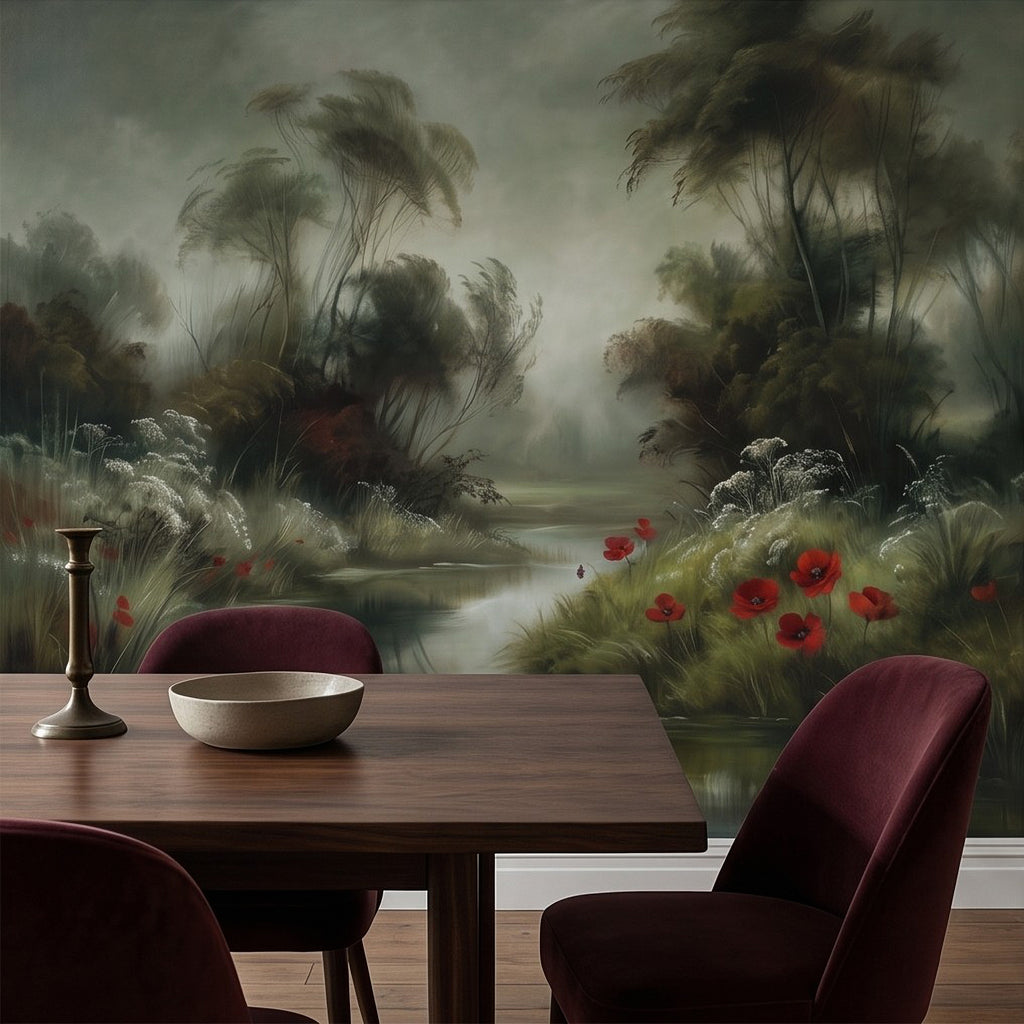 Moody woodland creek mural with red poppies along grassy riverbanks