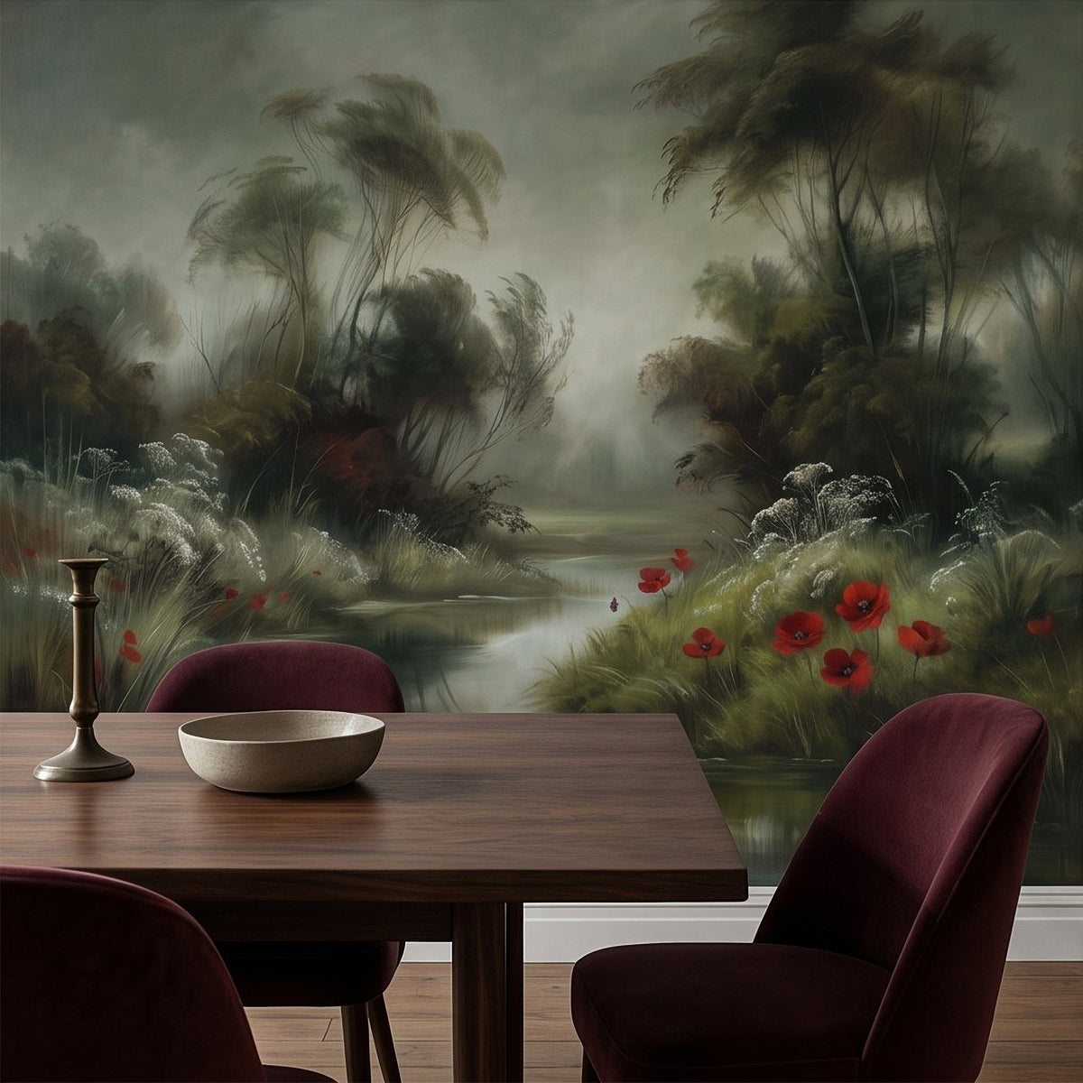 Moody woodland creek mural with red poppies along grassy riverbanks