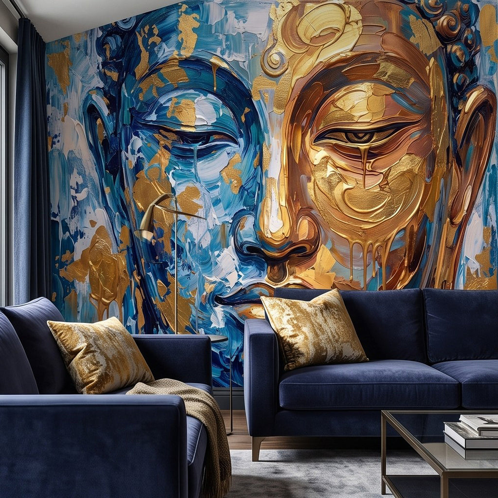 Blue-and-gold Buddha face mural in a living room with dark blue seating.