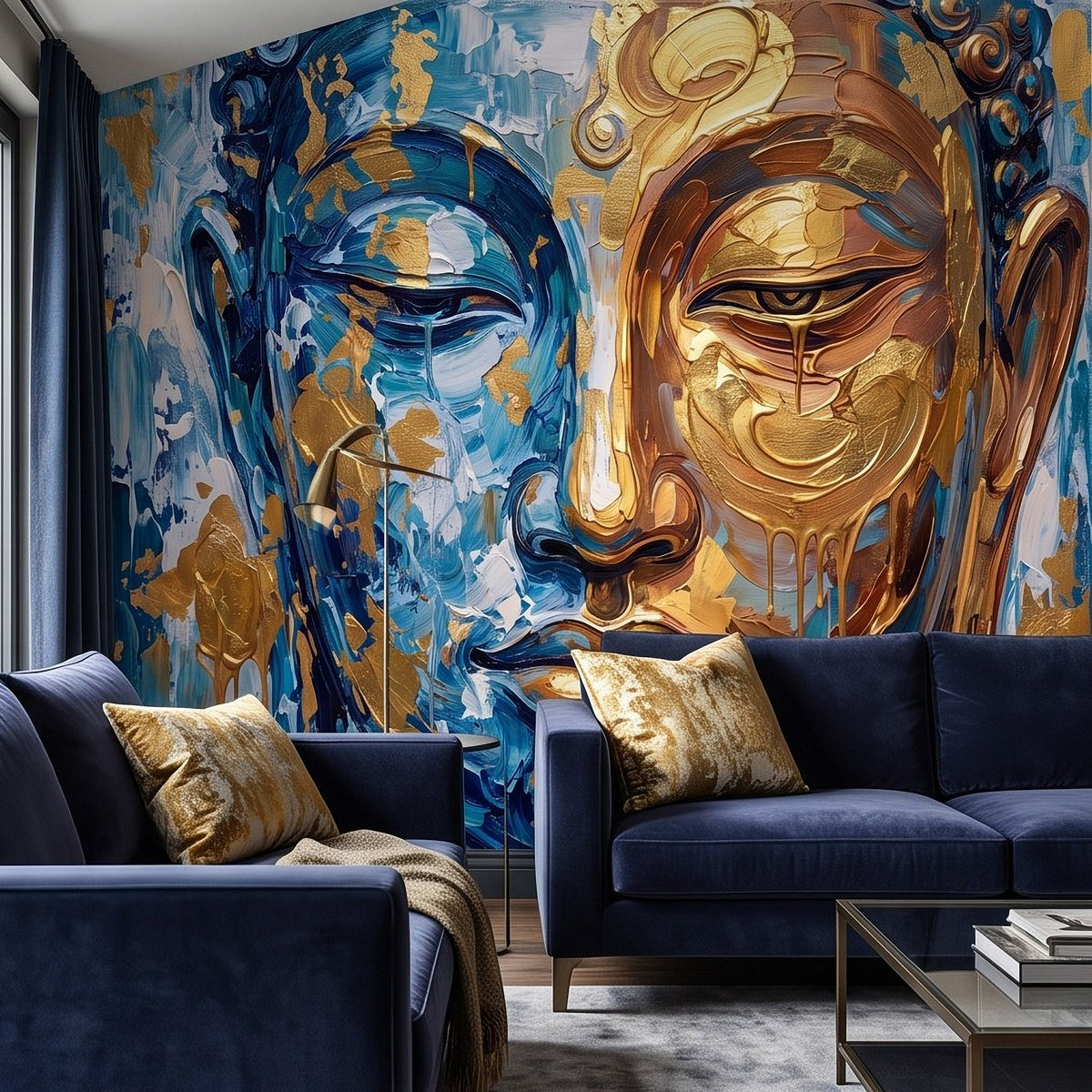 Blue-and-gold Buddha face mural in a living room with dark blue seating.