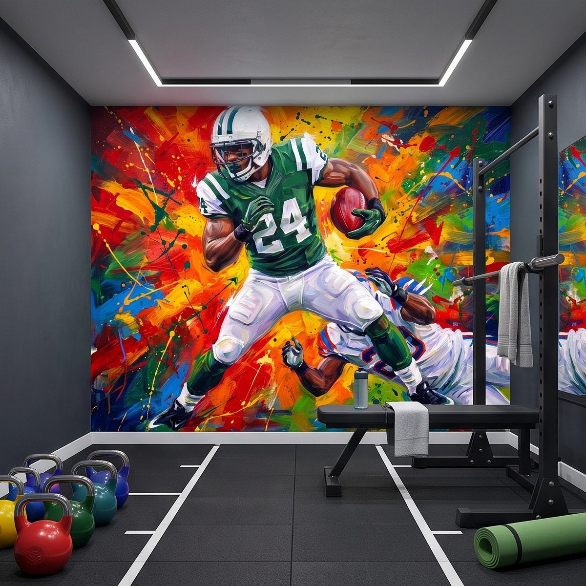 Wall mural of football running back in green jersey #24 celebrating in colorful splashes