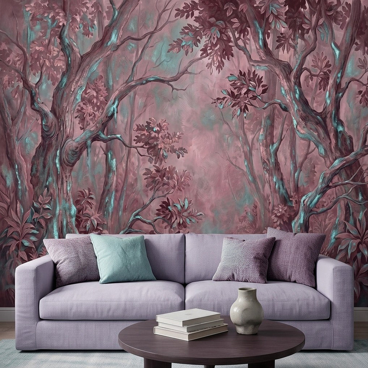 Woodland wall mural with teal stems and dusty pink foliage on tree-lined wall